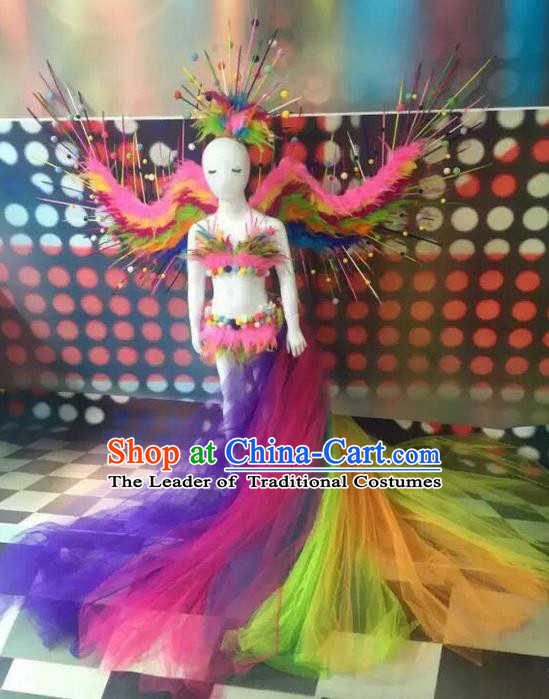 Top Grade Compere Professional Performance Catwalks Swimsuit Bikini Costume, Children Chorus Customize with Peacock Feather Wings Full Dress Modern Dance Baby Princess Modern Fancywork Long Trailing Clothing Complete Set for Girls Kids