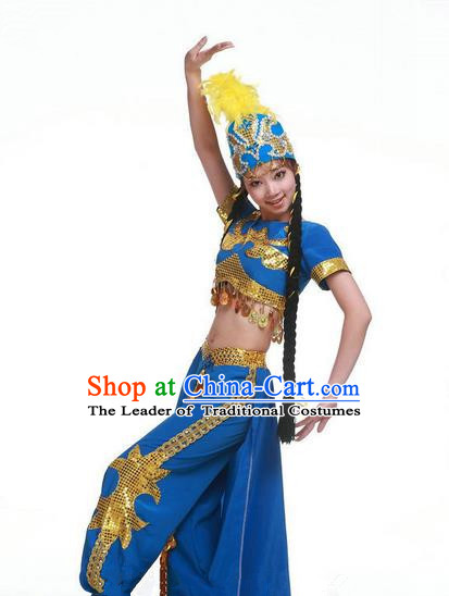 Traditional Chinese Uyghur Nationality Dancing Costume, Folk Dance Ethnic Clothing Blue Uniform, Chinese Minority Nationality Uigurian Dance Costume for Women