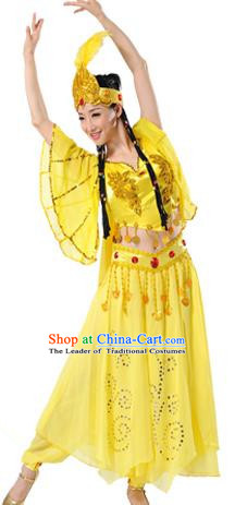 Traditional Chinese Uyghur Nationality Dancing Costume, Folk Dance Ethnic Clothing Yellow Dress, Chinese Minority Nationality Uigurian Dance Costume for Women