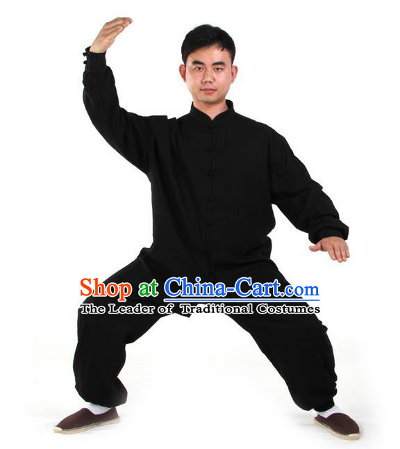 Top Kung Fu Costume Martial Arts Black Suits Pulian Clothing, Training Costume Tai Ji Uniforms Gongfu Shaolin Wushu Tai Chi Clothing for Men
