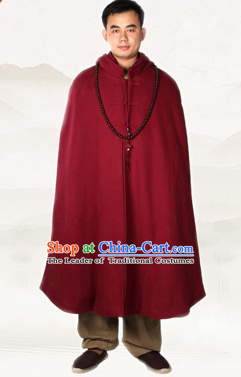 Top Kung Fu Costume Martial Arts Wine Red Cloak Pulian Clothing, Tai Ji Mantle Gongfu Shaolin Wushu Tai Chi Meditation Cape for Men