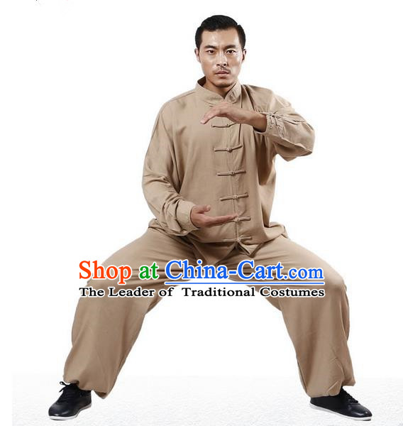 Top Grade Kung Fu Costume Martial Arts Khaki Linen Suits Pulian Zen Clothing, Training Costume Tai Ji Uniforms Gongfu Shaolin Wushu Tai Chi Plated Buttons Clothing for Men
