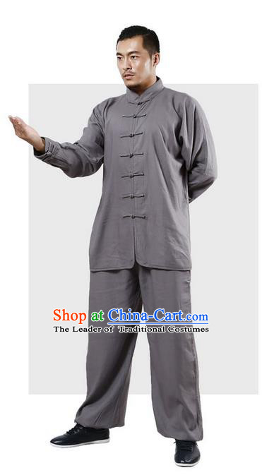 Top Grade Kung Fu Costume Martial Arts Grey Linen Suits Pulian Zen Clothing, Training Costume Tai Ji Uniforms Gongfu Shaolin Wushu Tai Chi Plated Buttons Clothing for Men