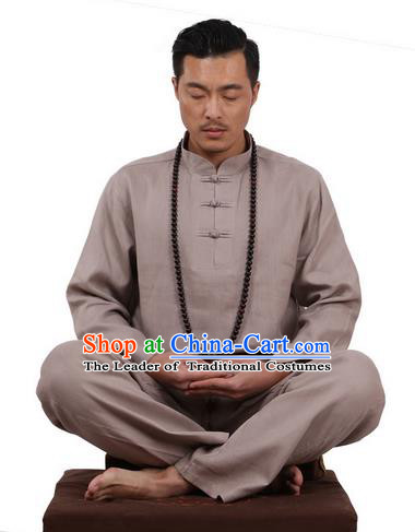 Top Grade Kung Fu Costume Martial Arts Grey Ice Silk Linen Suits Pulian Zen Clothing, Training Costume Tai Ji Uniforms Gongfu Shaolin Wushu Tai Chi Plated Buttons Clothing for Men
