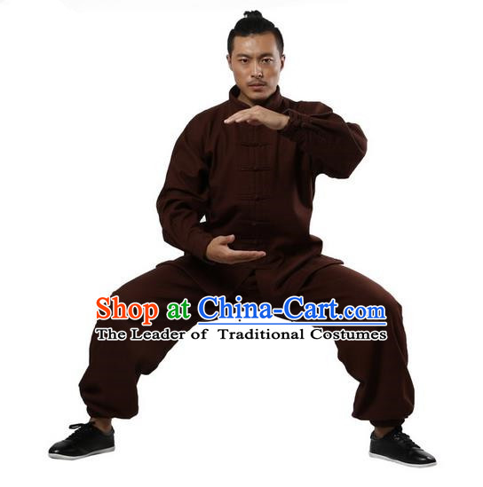 Top Grade Kung Fu Costume Martial Arts Coffee Brushed Linen Thicken Suits Pulian Zen Clothing, Training Costume Tai Ji Uniforms Gongfu Shaolin Wushu Tai Chi Plated Buttons Clothing for Men