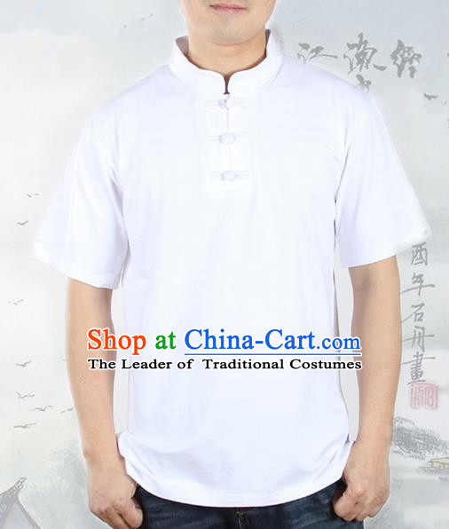 Top Grade Kung Fu Costume Martial Arts White Upper Outer Garment Pulian Zen Clothing, Training Costume Gongfu Shaolin Wushu Tai Chi Plated Buttons T-Shirts Clothing for Men