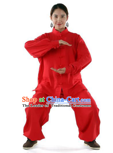 Top Kung Fu Costume Pulian Clothing Martial Arts Red Linen Suits, Training Costume Tai Ji Uniforms Gongfu Shaolin Wushu Tai Chi Clothing for Women