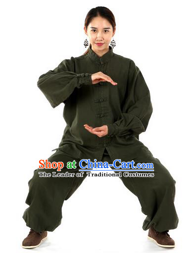 Top Kung Fu Costume Pulian Clothing Martial Arts Army Green Linen Suits, Training Costume Tai Ji Uniforms Gongfu Shaolin Wushu Tai Chi Clothing for Women