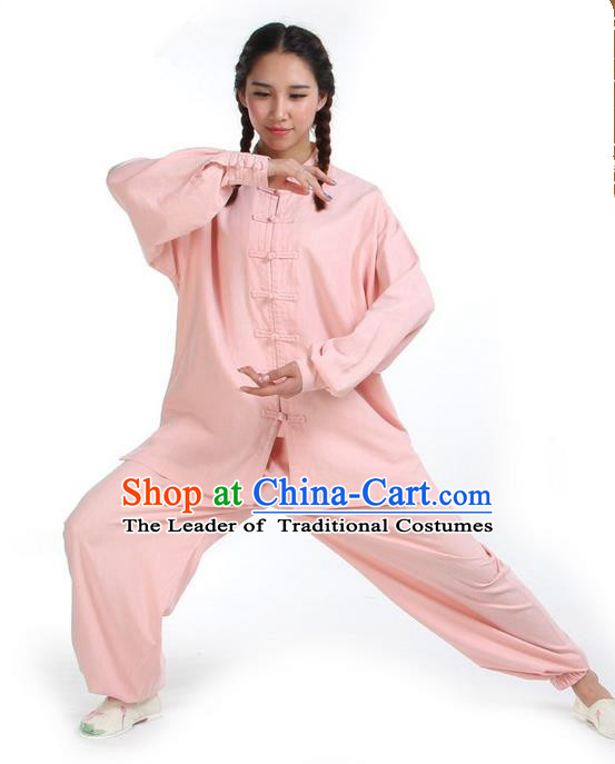 Top Kung Fu Costume Pulian Clothing Martial Arts Army Pink Linen Suits, Training Costume Tai Ji Uniforms Gongfu Shaolin Wushu Tai Chi Clothing for Women