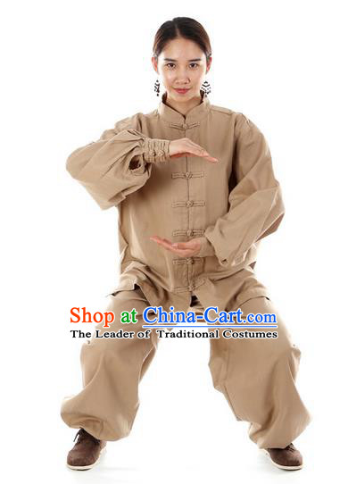 Top Kung Fu Costume Pulian Clothing Martial Arts Army Khaki Linen Suits, Training Costume Tai Ji Uniforms Gongfu Shaolin Wushu Tai Chi Clothing for Women