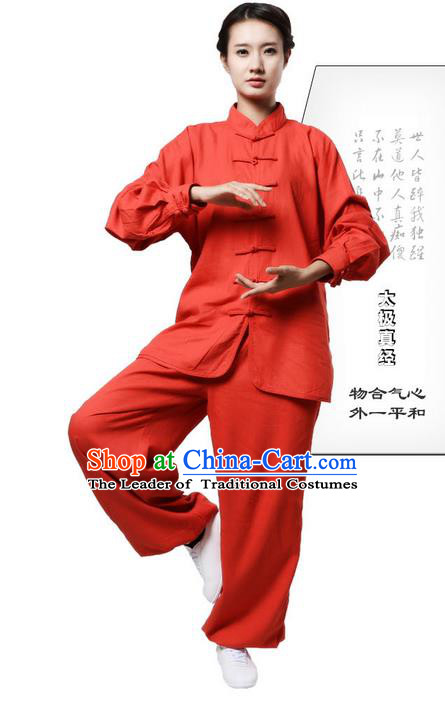 Top Grade Kung Fu Costume Martial Arts Orange Red Linen Suits Pulian Zen Clothing, Training Costume Tai Ji Uniforms Gongfu Shaolin Wushu Tai Chi Plated Buttons Clothing for Women