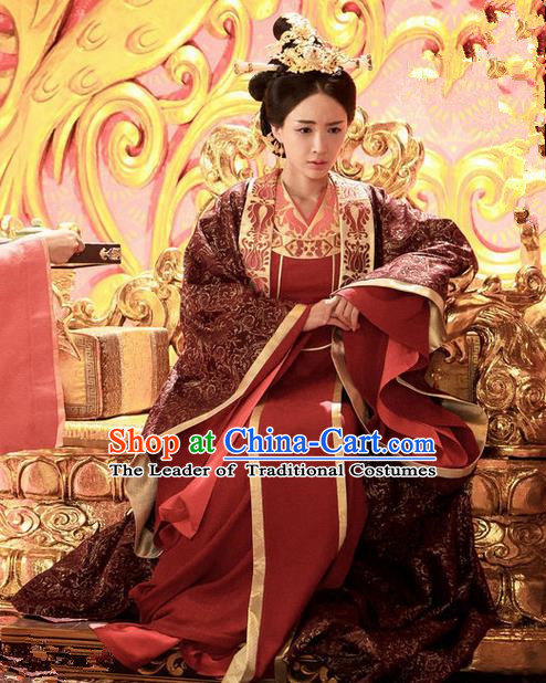 Traditional Chinese Ancient Imperial Empress Costume and Headpiece Complete Set, Chinese Northern and Southern Dynasties Television Tokgo World Queen Embroidered Hanfu Clothing for Women