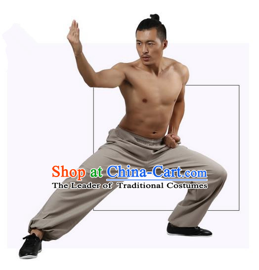 Top Grade Kung Fu Costume Martial Arts Grey Linen Pants Pulian Zen Clothing, Training Bloomers Gongfu Trousers Shaolin Wushu Tai Chi Plus Fours for Men