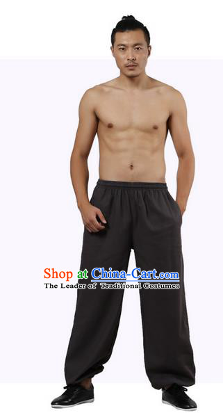 Top Grade Kung Fu Costume Martial Arts Brown Linen Pants Pulian Zen Clothing, Training Bloomers Gongfu Trousers Shaolin Wushu Tai Chi Plus Fours for Men