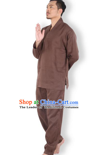 Top Grade Kung Fu Costume Martial Arts Linen Meditation Suits Pulian Zen Clothing, Training Costume Tai Ji Coffee Uniforms Gongfu Shaolin Wushu Tai Chi Clothing for Men