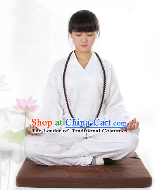 Top Grade Kung Fu Costume Martial Arts Linen Meditation Suits Pulian Zen Clothing, Training Costume Tai Ji White Uniforms Gongfu Shaolin Wushu Tai Chi Clothing for Women