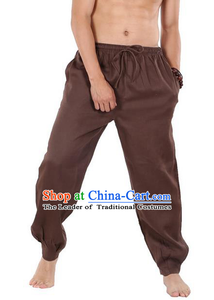 Top Grade Kung Fu Costume Martial Arts Brown Linen Pants Pulian Zen Clothing, Training Bloomers Gongfu Trousers Shaolin Wushu Tai Chi Meditation Plus Fours for Men