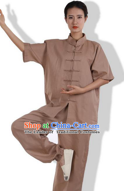 Top Grade Kung Fu Costume Martial Arts Khaki Linen Suits Pulian Zen Clothing, Training Costume Tai Ji Meditation Uniforms Gongfu Wushu Tai Chi Short Sleeve Clothing for Women