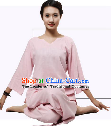 Top Grade Kung Fu Costume Martial Arts Pink Linen Suits Pulian Clothing, Zen Costume Tai Ji Meditation Uniforms Wushu Tai Chi Short Sleeve Clothing for Women