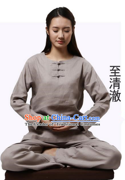 Top Grade Kung Fu Costume Martial Arts Grey Linen Suits Pulian Clothing, Zen Costume Tai Ji Meditation Uniforms Wushu Tai Chi Long Sleeve Clothing for Women
