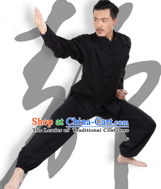 Top Grade Kung Fu Costume Martial Arts Black Linen Suits Pulian Zen Clothing, Training Costume Tai Ji Meditation Uniforms Gongfu Wushu Tai Chi Plated Buttons Clothing for Men