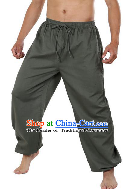 Top Grade Kung Fu Costume Martial Arts Green Linen Pants Pulian Zen Clothing, Training Bloomers Gongfu Meditation Trousers Shaolin Wushu Tai Chi Plus Fours for Men