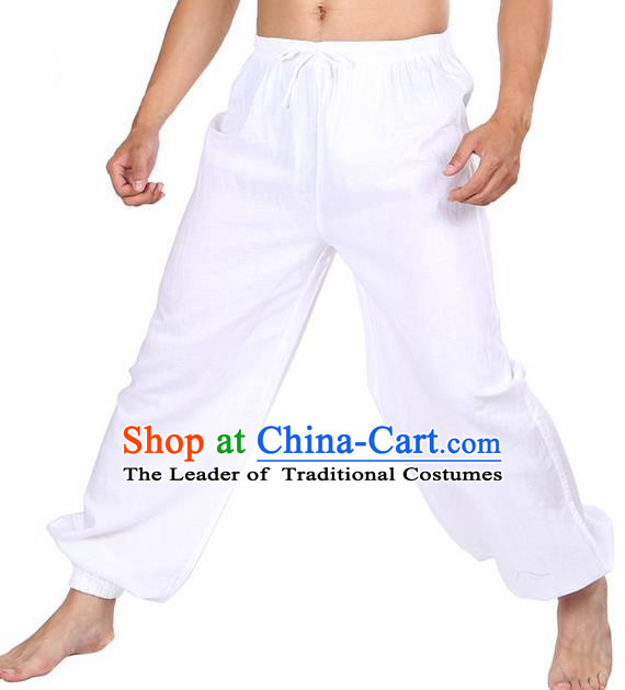 Top Grade Kung Fu Costume Martial Arts White Linen Pants Pulian Zen Clothing, Training Bloomers Gongfu Meditation Trousers Shaolin Wushu Tai Chi Plus Fours for Men