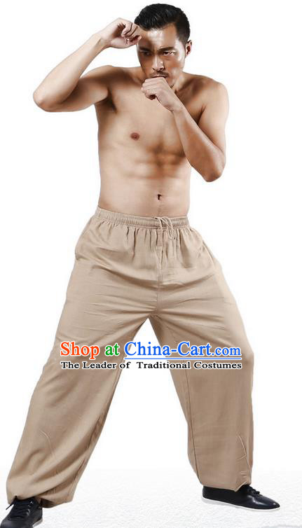 Top Grade Kung Fu Costume Martial Arts Khaki Linen Pants Pulian Training Bloomers, Gongfu Trousers Shaolin Wushu Tai Chi Plus Fours for Men