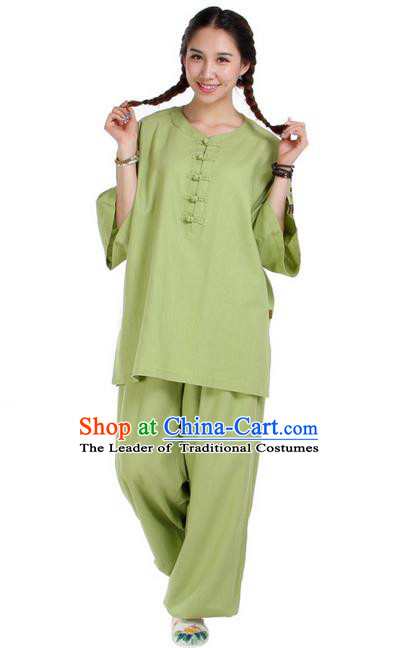Traditional Chinese Kung Fu Costume Martial Arts Linen Suits Pulian Meditation Clothing, China Tang Suit Uniforms Tai Chi Green Clothing for Women