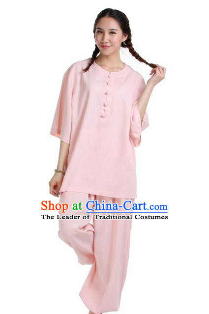 Traditional Chinese Kung Fu Costume Martial Arts Linen Suits Pulian Meditation Clothing, China Tang Suit Uniforms Tai Chi Pink Clothing for Women