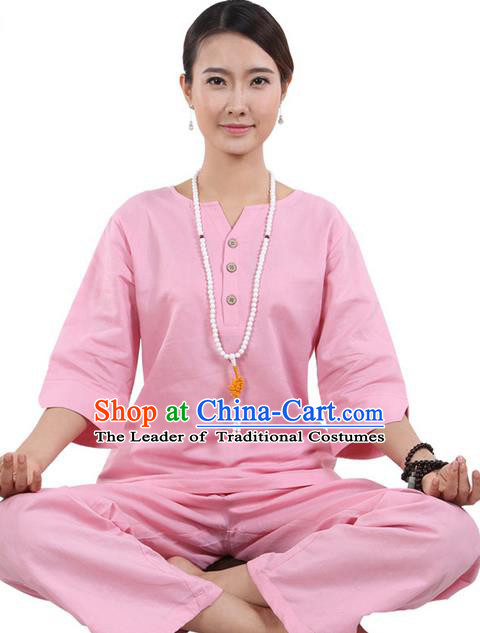 Traditional Chinese Kung Fu Costume Martial Arts Linen Pink Suits Pulian Meditation Clothing, China Tang Suit Yoga Uniforms Tai Chi Clothing for Women