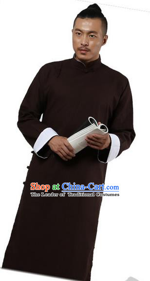 Traditional Chinese Kung Fu Costume Martial Arts Linen Plated Buttons Coffee Long Robe Pulian Clothing, China Tang Suit Long Flown Tai Chi Clothing for Men