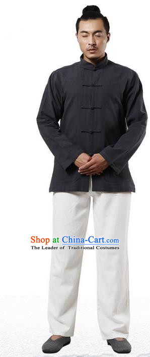 Traditional Chinese Kung Fu Costume Martial Arts Linen Plated Buttons Black Overshirt Pulian Clothing, China Tang Suit Shirt Tai Chi Clothing for Men