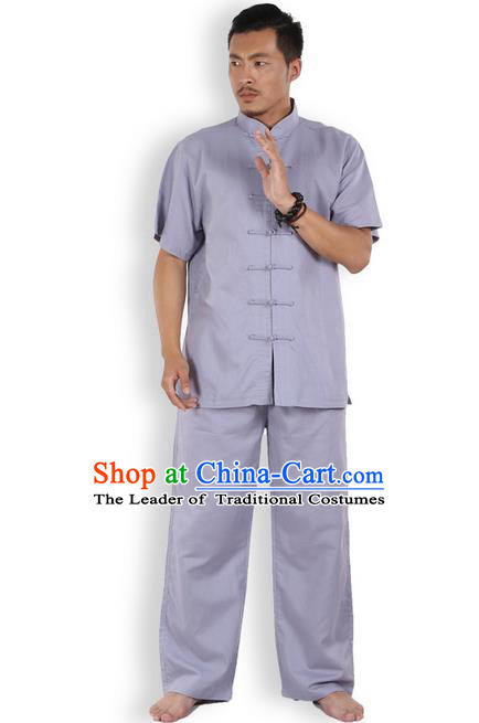 Traditional Chinese Kung Fu Costume Martial Arts Ice Silk Linen Short Sleeve Grey Suits Pulian Clothing, China Tang Suit Uniforms Tai Chi Meditation Clothing for Men