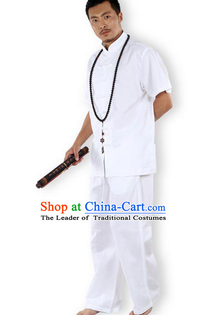 Traditional Chinese Kung Fu Costume Martial Arts Ice Silk Linen Short Sleeve White Suits Pulian Clothing, China Tang Suit Uniforms Tai Chi Meditation Clothing for Men