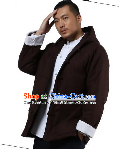Traditional Chinese Kung Fu Costume Martial Arts Linen Hooded Coat Pulian Clothing, China Tang Suit Jackets Tai Chi Meditation Coffee Overcoat Clothing for Men