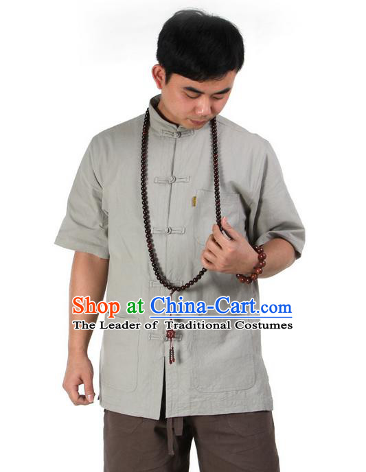 Traditional Chinese Kung Fu Costume Martial Arts Linen Short Sleeve Shirts Pulian Clothing, China Tang Suit T-Shirt Tai Chi Meditation Green Overshirt for Men