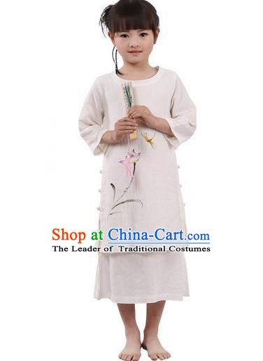 Traditional Chinese Cheongsam Costume, Children Meditation Linen Dress Pulian Clothing, China Tang Suit Tai Chi Zen Painting Lotus Beige Dress for Kids