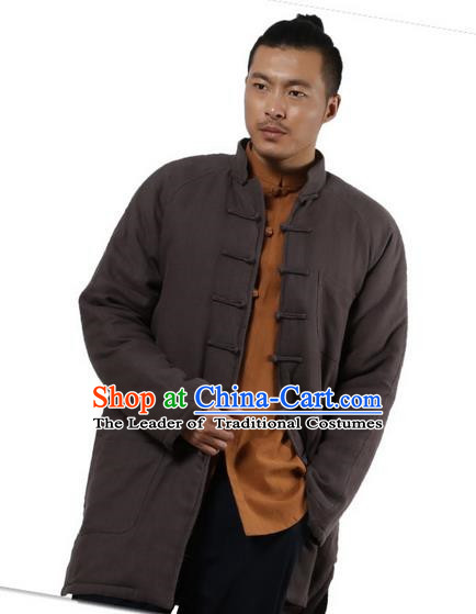 Traditional Chinese Kung Fu Costume Martial Arts Linen Plated Buttons Cotton-padded Coats Pulian Clothing, China Tang Suit Grey Jacket Tai Chi Meditation Upper Outer Garment for Men