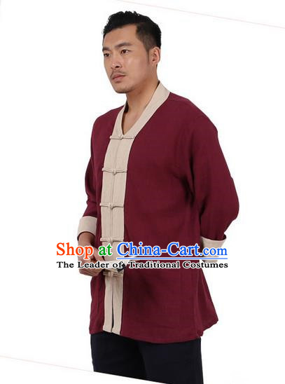 Traditional Chinese Kung Fu Costume Martial Arts Linen Plated Buttons Shirts Pulian Clothing, China Tang Suit Tai Chi Overshirt Red Upper Outer Garment for Men