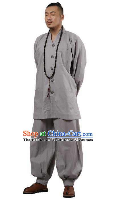 Traditional Chinese Kung Fu Costume Martial Arts Linen Long Sleeve Grey Monk Uniforms Pulian Clothing, China Tang Suit Tai Chi Meditation Clothing for Men