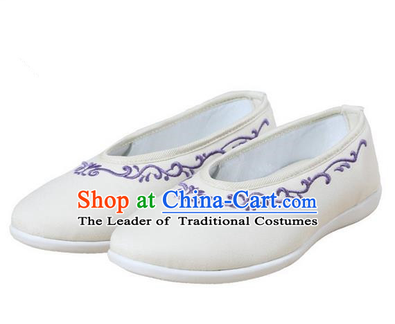 Top Chinese Traditional Tai Chi Embroidered Linen Shoes Kung Fu Pulian Shoes Martial Arts Beige Shoes for Women