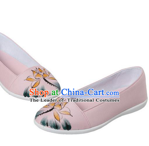 Top Chinese Traditional Tai Chi Hand Painting Lotus Linen Shoes Kung Fu Pulian Shoes Martial Arts Pink Shoes for Women