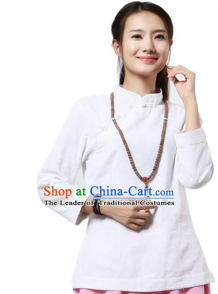 Top Chinese Traditional Costume Tang Suit White Blouse, Pulian Clothing China Cheongsam Upper Outer Garment Plated Buttons Shirts for Women
