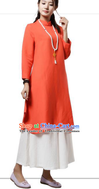 Top Chinese Traditional Costume Tang Suit Orange Qipao Dress, Pulian Clothing China Cheongsam Upper Outer Garment Stand Collar Dress for Women