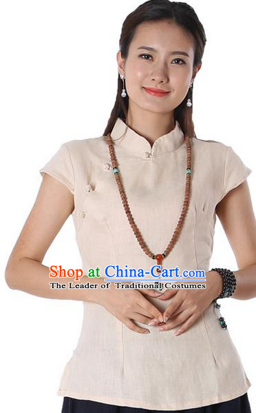 Top Chinese Traditional Costume Tang Suit Beige Blouse, Pulian Zen Clothing China Cheongsam Upper Outer Garment Stand Collar Shirts for Women