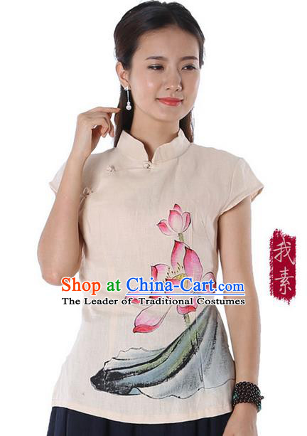 Top Chinese Traditional Costume Tang Suit Beige Painting Lotus Flowers Blouse, Pulian Zen Clothing China Cheongsam Upper Outer Garment Stand Collar Shirts for Women