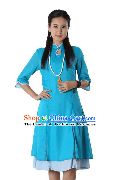 Top Chinese Traditional Costume Tang Suit Linen Blue Qipao Dress, Pulian Clothing China Cheongsam Upper Outer Garment Dress for Women