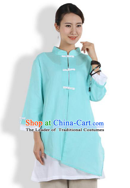 Top Chinese Traditional Costume Tang Suit Double-deck Linen Blouse, Pulian Clothing China Cheongsam Upper Outer Garment Blue Plated Buttons Shirt for Women
