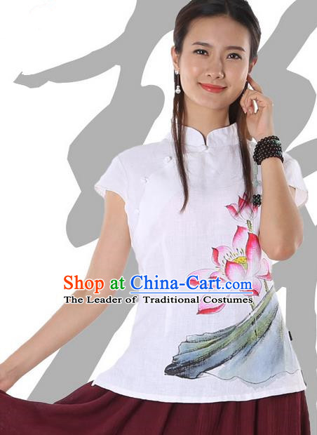 Top Chinese Traditional Costume Tang Suit White Linen Painting Lotus Blouse, Pulian Zen Clothing China Cheongsam Upper Outer Garment Stand Collar Shirts for Women